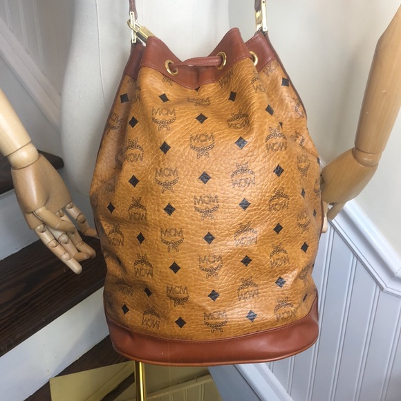 MCM Vicetos Cognac Leather Monogram Bucket Tote Crossbody Shoulder Bag Mint - Picture 2 of 16